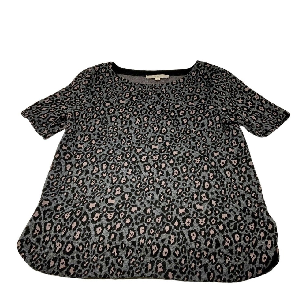 LOFT Womens Small Gray Black Tan Animal Leopard Print Short Sleeve Textured Top - Picture 4 of 13